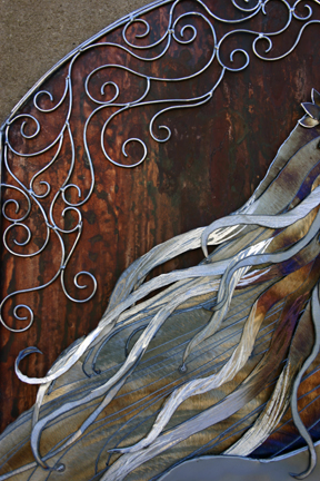 A closer look at the 'wood' like background (made with patinas).